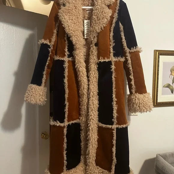 UO Patchwork Penny Lane Faux Shearling Long Coat Size Medium - Picture 1 of 5